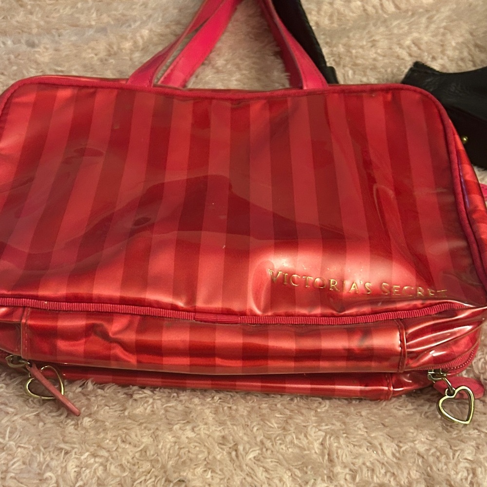 Victoria's Secret Glossy Red Striped Cosmetic Bag